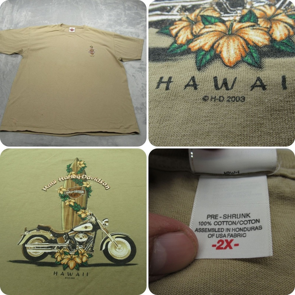 Harley Davidson Maui‎ Shirt Men 2XL Beige Cotton Hawaii 2003 Short Sleeve VTG